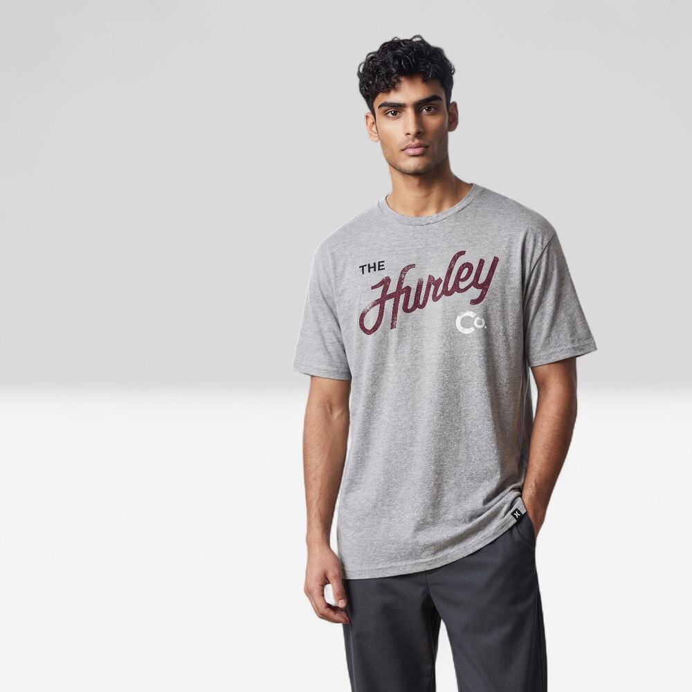 Hurley Gray Graphic Short Sleeve T Shirt Red Logo Graphic Crew Neck